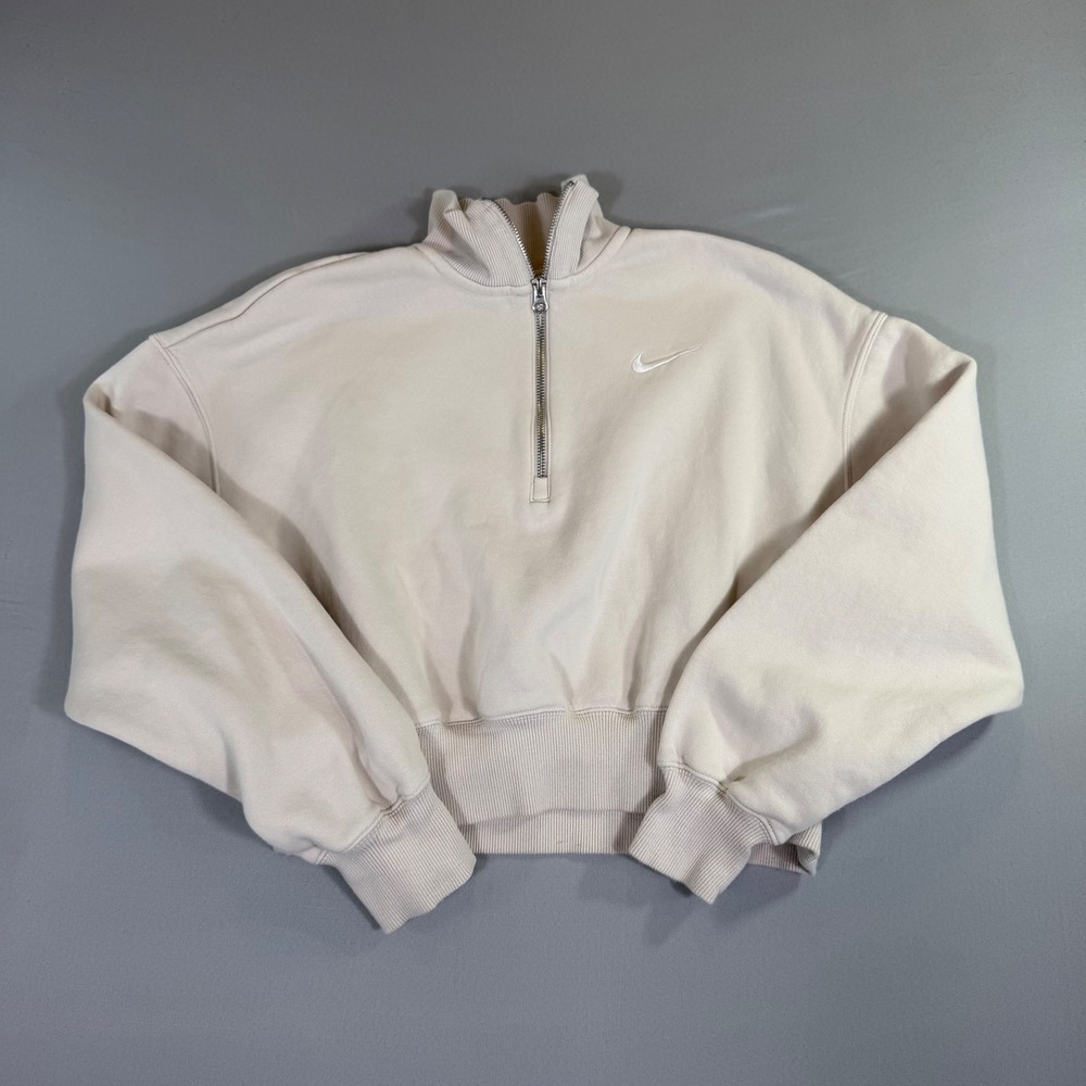 Nike Quarter Zip Fleece Sweatshirt Womens Medium Oatmeal Phoenix Cropped Neutral